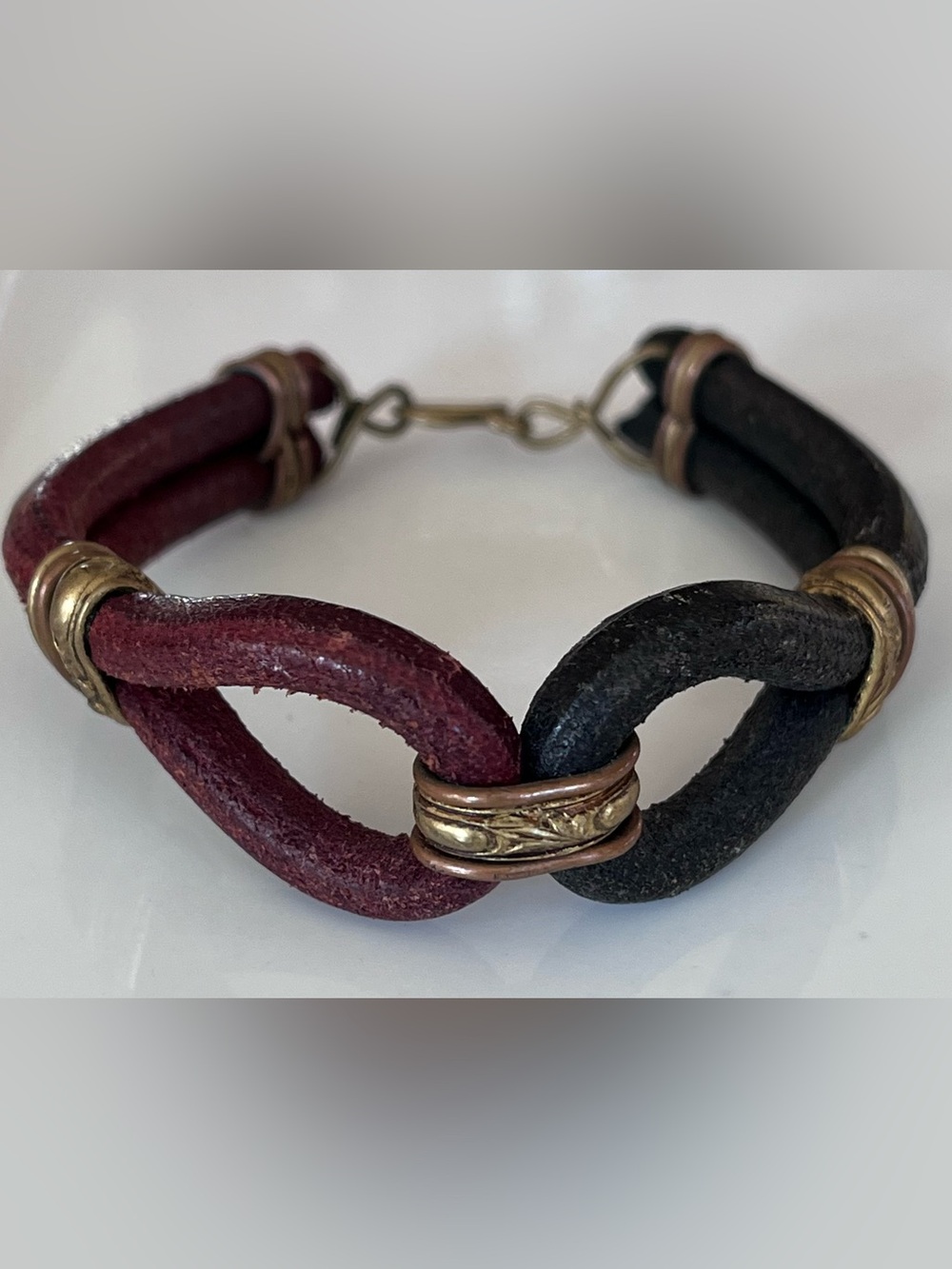Artisan Leather Link Bracelet in Burgundy and Black with Copper Brass Accent